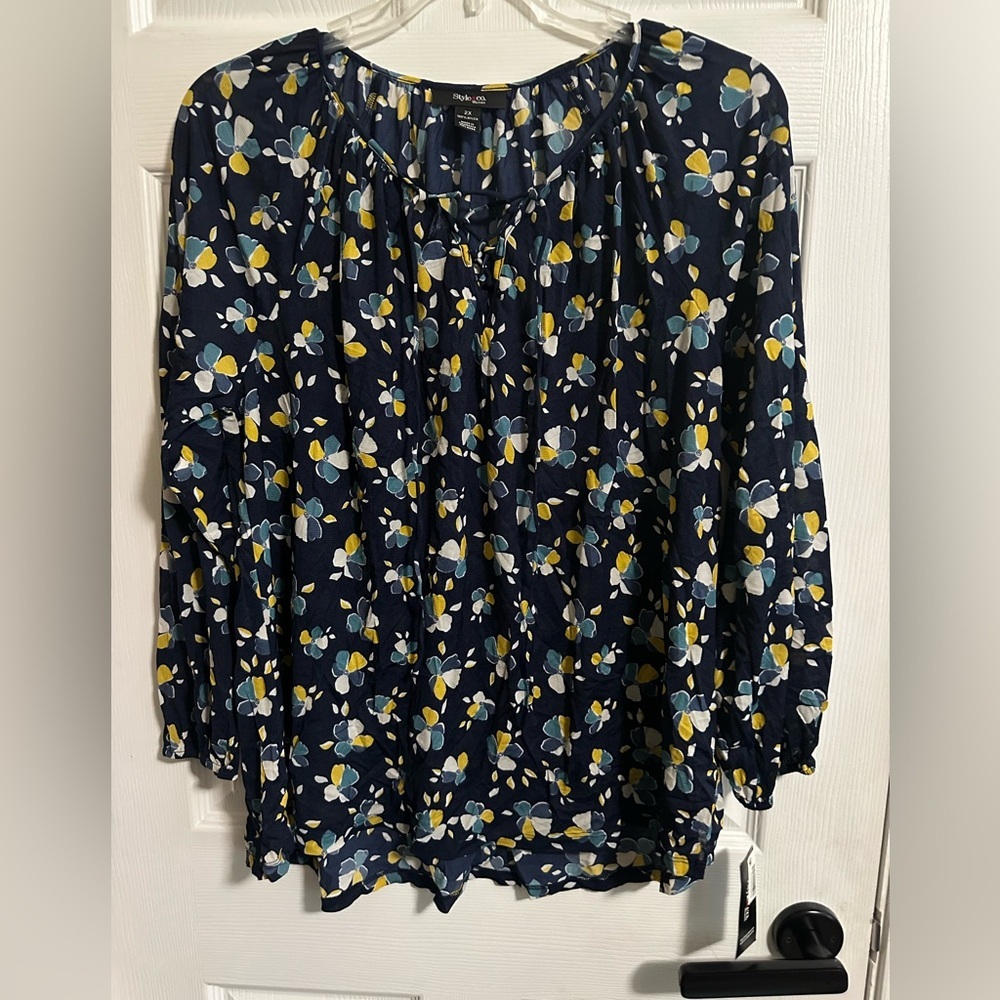 Style & Co Womens Top 2X Long Elastic Sleeves Pullover Sheer Blue Floral NWT
